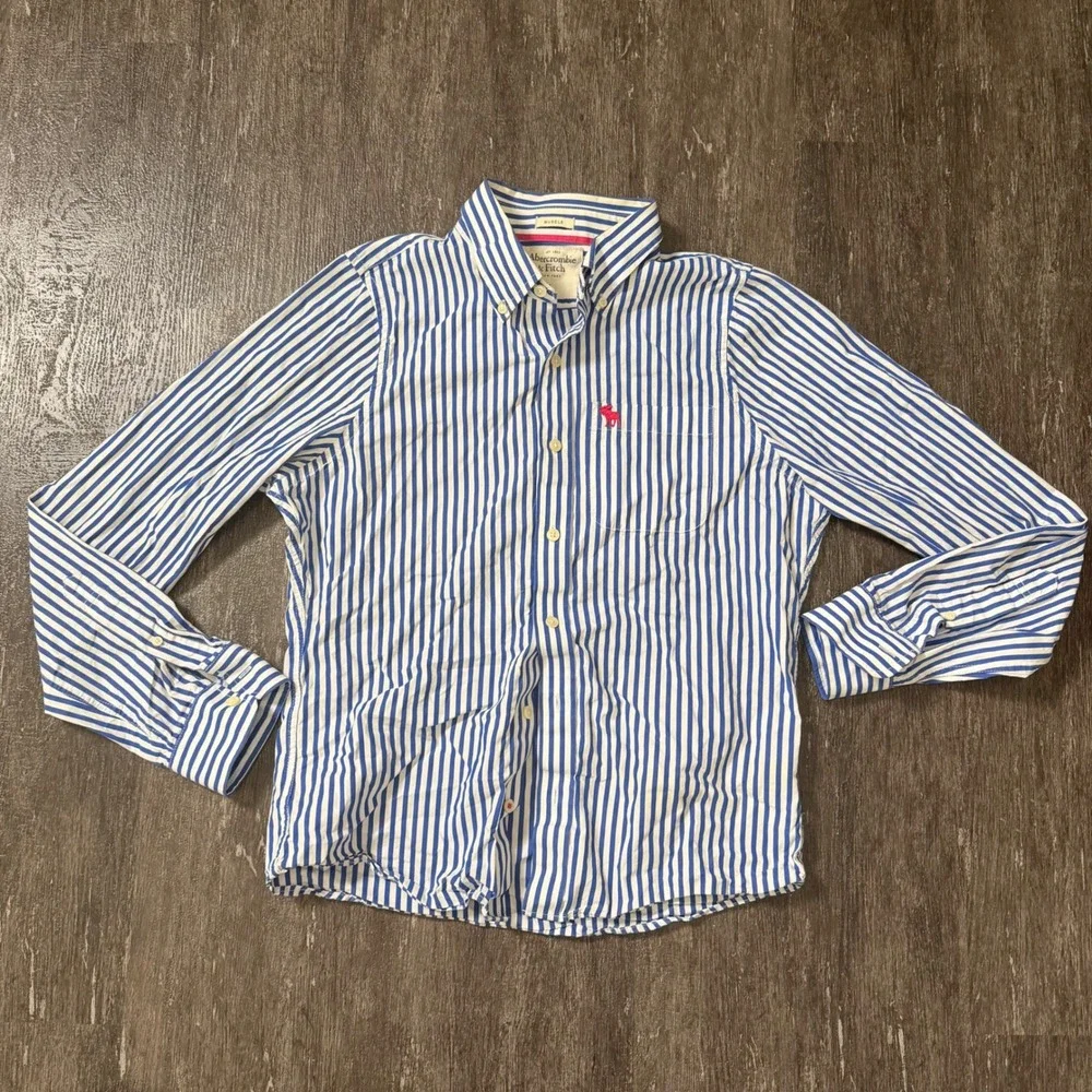 Abercrombie & Fitch Button Down Boys L Blue White Striped Muscle Fit Long Sleeve